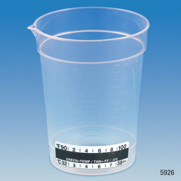 Specimen Container, 6.5Oz, With Attached Thermometer Strip, Pour Spout, Pp, Graduated